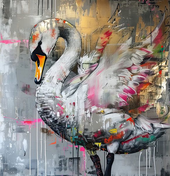 Schilderij Kleurrijke Zwaan van Kunst Kriebels