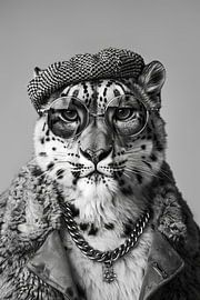 Snow leopard in hat and glasses, black and white portrait by Poster Art Shop