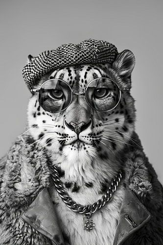 Sneeuwluipaard met hoed en bril, zwart-wit portret