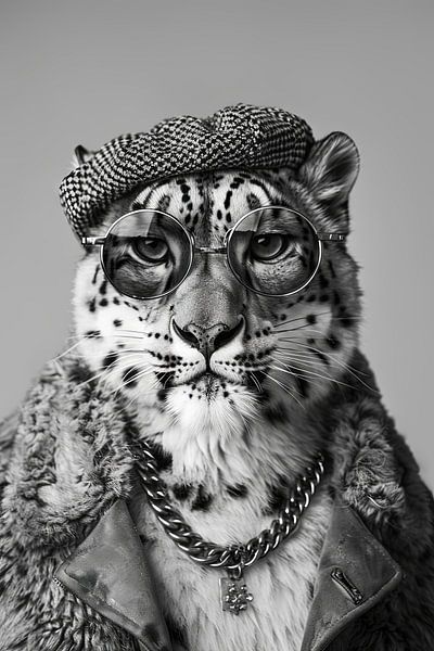 Léopard des neiges en chapeau et lunettes, portrait en noir et blanc par Poster Art Shop
