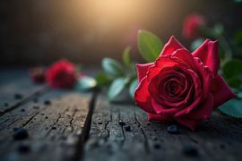 Rode rozen liggend op rustieke houten tafel bij zonsondergang van Markus Gann