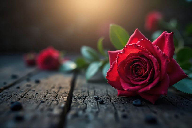 Rode rozen liggend op rustieke houten tafel bij zonsondergang van Markus Gann
