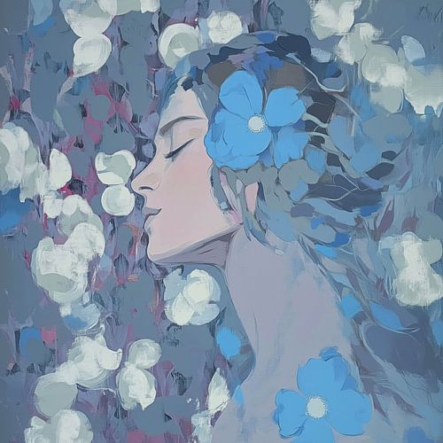 Dromerig portret met blauwe bloemen en zachte lichtvlekken van Color Square