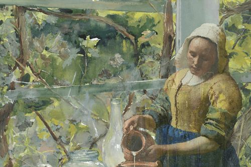 Het Melkmeisje tussen de flessen – Klassiek icoon in een frisse aquarelstijl