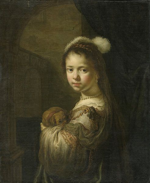 Ein kleines Mädchen mit einem Welpen im Arm, Govert Flinck von Meesterlijcke Meesters