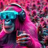 Chimpanzé dans un champ de cannabis : Whiskey, Joint, Headphones &amp ; Calm is Power (2) sur AidasignArt