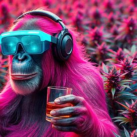 Chimpansee in het cannabisveld: whisky, joint, koptelefoon & Rust is macht (2) van AidasignArt