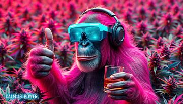 Chimpanzee in the cannabis field: whiskey, joint, headphones & Calm is power (2) by AidasignArt