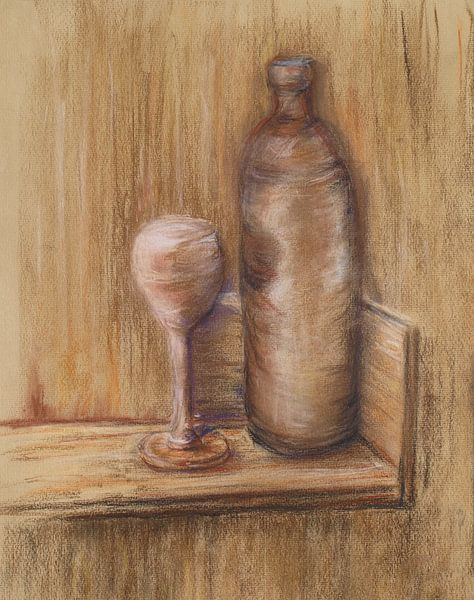 Stilleben mit einer braunen Weinflasche. Handgemalt mit Pastellkreide von Ineke de Rijk