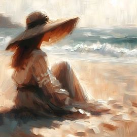 Vrouw met hoed en jurk op het strand van FoXo Art
