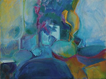 Abstraktes Stilleben in Blau, Gelb und Rot. von Paul Nieuwendijk