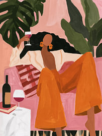 Prost! Frau mit Weinglas auf einem rosa Sofa, modernes Porträt von Carla Van Iersel