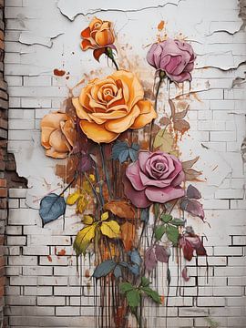bloemen rozen graffiti kleurrijk bakstenen muur stedelijke street art modern van gm_designs