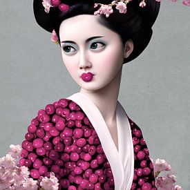 Geisha with kimono of cherries and cherry blossoms by Britta Glodde