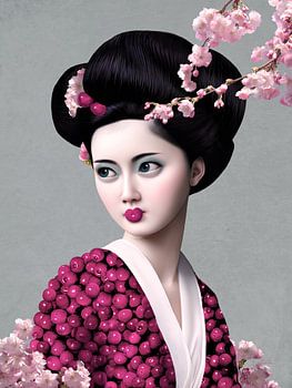 Geisha avec kimono de cerises et de fleurs de cerisier