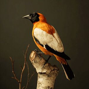 Portrait eines Vogels auf einem Birkenstamm