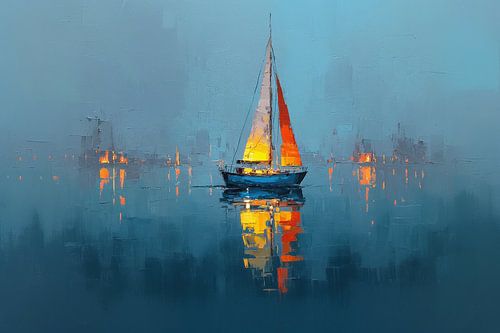 Zeilboot bij nacht - Abstract olieverfschilderij