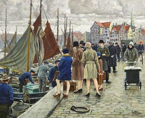 Elegante Damen mit Glockenhüten beim Fischkauf