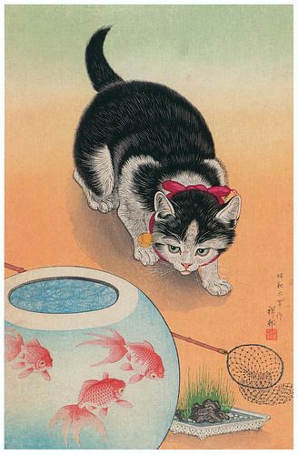 Ohara Koson - Katze und Fischglas (bearbeitet)