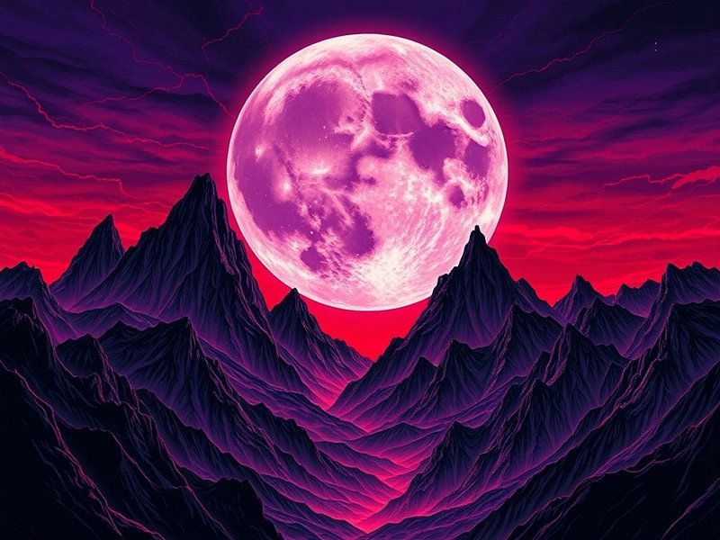 A Neon Pink Moon Illuminating the Mystical Peaks by Artistic