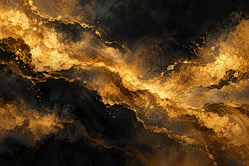 Gold and black painting featuring abstract waves