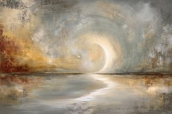 Abstract Landschap - Goud en Mistige Zonsondergang Dromerig Schilderij