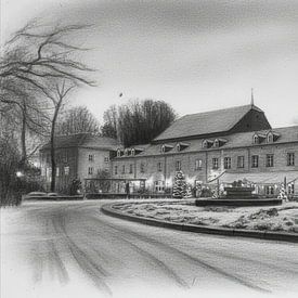 Elsloo am Abend im Winter mit Schnee in Holzkohle von Maurice Meerten