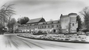 Elsloo in de avond in de winter met sneeuw in houtskool