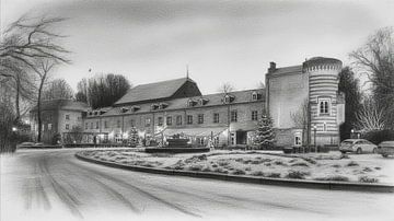 Elsloo am Abend im Winter mit Schnee in Holzkohle
