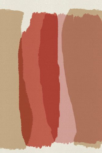 Abstracte penseelstreken in rood, roze taupe op wit.