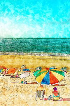 Prachtige strandgezichten in aquarel. Kleurrijke parasols, zonnebaders en rustig uitzicht op de oceaan op een zonnige dag van SPJE ART