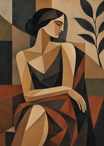 Cubist Nude Woman Art Print – Earth Tone Figurative Artwork with Elegant Geometric Shapes and Modern Abstract Design