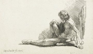 Jonge man, zittend op de grond met één been uitgestrekt, Rembrandt van