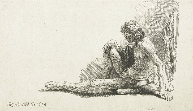 Jonge man, zittend op de grond met één been uitgestrekt, Rembrandt van van Ed z'n Schets