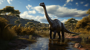 Panorama-Jura-Tal Berge mit Brachiosaurus-Dinosaurier