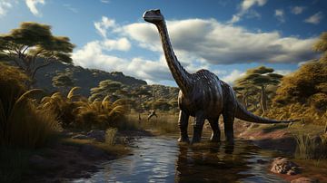 Panorama Juravallei bergen met Brachiosaurus dinosaurus van Animaflora PicsStock