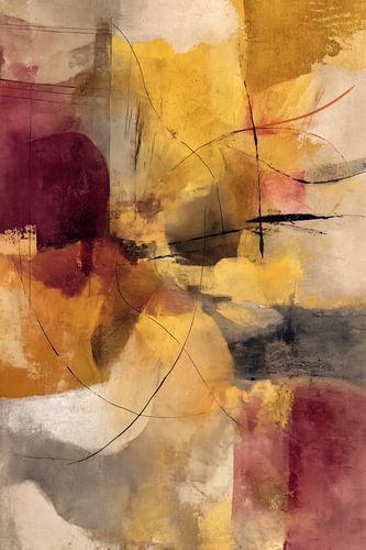 Abstract Schilderij - Geel en Bordeaux Levendig Expressief