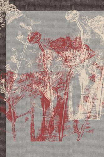Retro abstract botanisch. Weidebloemen in rood en wit op grijsblauw.