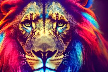 Portret van een kleurrijke leeuwenkop, Schilderij Kunst Illustratie 08 van Animaflora PicsStock