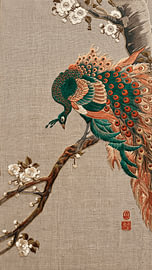 Art traditionnel japonais : paon sur des fleurs de cerisier, broderie japonaise sur Studio Pieternel