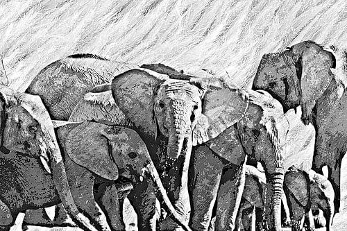 Elephants at a waterhole mixed media