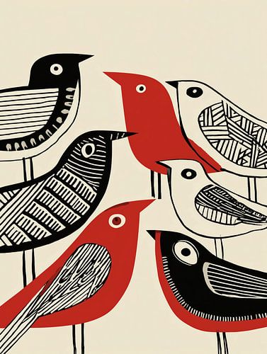 Zang vogels in Zwart en Rood | Grafische Scandinavische kunst