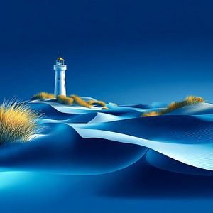 Lighthouse on rolling dunes at night
