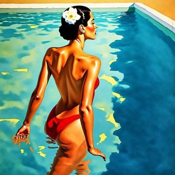 Gelassene Frau am sonnenbeschienenen Pool