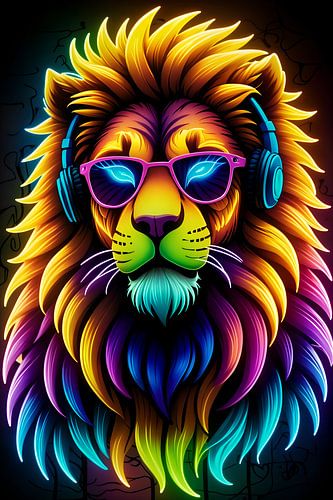 Leeuw met bril en koptelefoon, luistert naar muziek, neonkunst
