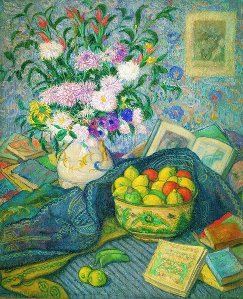 Juan de Echevarría-Vase with Bananas, Lemons and Books by finemasterpiece