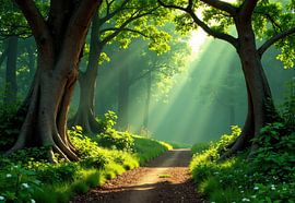 Chemin forestier avec rayons de soleil et végétation luxuriante sur Markus Gann