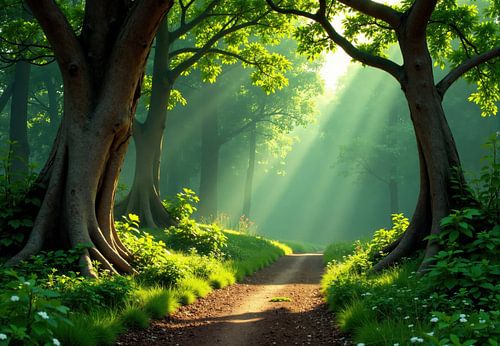 Forest Path with Sunbeams and Lush Vegetation