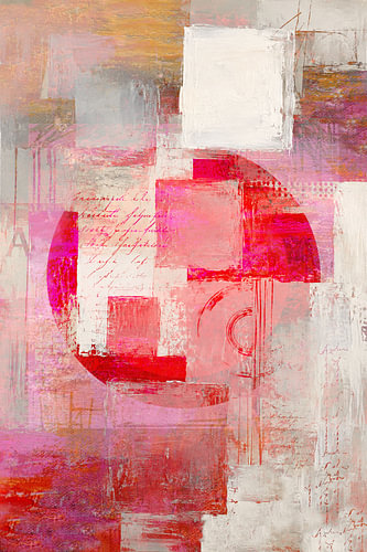 abstrakte Collage mit Texturen und Kreis Rot Weiß von Claudia Gründler