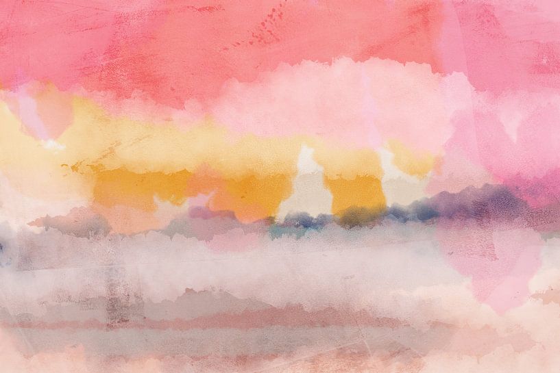 Zeitgenössische abstrakte bunte Landschaft in rosa, orange, gelb. von Dina Dankers